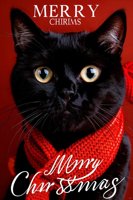 1461920204-black cat,green eyes,red scarf,white fur trim,Merry Christmas text,vibrant yellow background,close-up,portrait orientation,festi.png